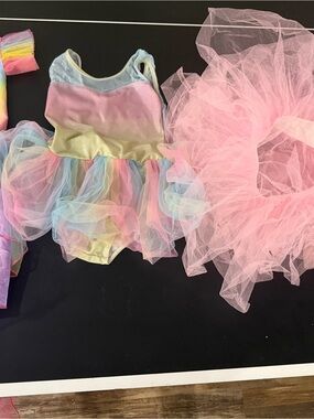 Girls Pastel Rainbow Tutu Leotard Costume with Pink Tulle Accessory
